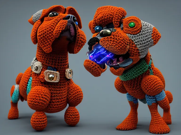 Prompt: multicolored crocheted cyborg dog, rpg reference, oil painting, trending on artstation, octane render, insanely detailed, 8 k, hd