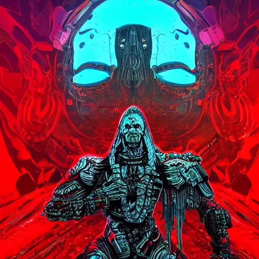 Prompt: blood hunter inspirer, in the style of john giunta and philippe druillet, trending on artstation, iridescent cyan lighting camera view from above trending on artstation, bokeh, stuckism, futuresynth, dada