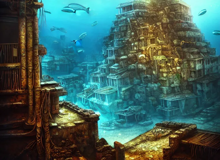 Image similar to ancient ruins favela, underwater environment, scenery, professional, award - winning, trending on artstation, hyper detailed, realistic, beautiful, emotional, shiny, golden, picture