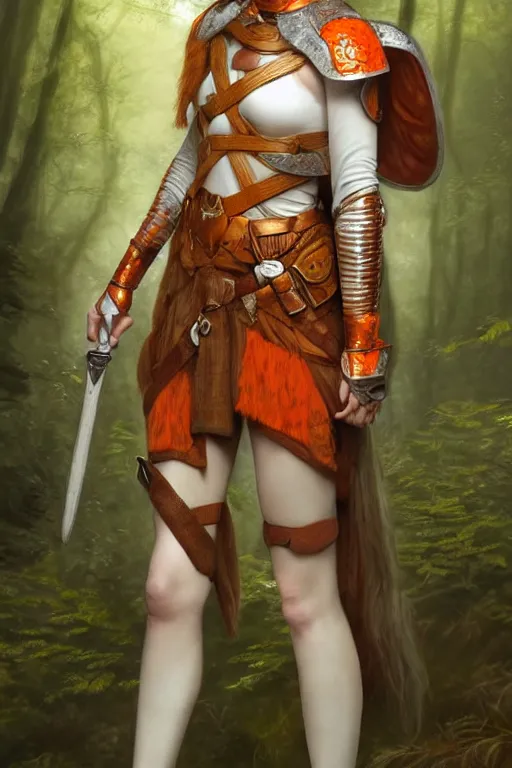 Image similar to full - body portrait of a ranger in a forest, female, white and orange breastplate, magical, high fantasy, d & d, by john collier, face details, extremely detailed, digital illustration