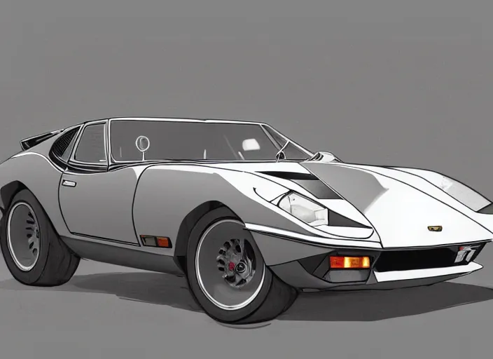 Image similar to a blending, amalgamation and detailed combination of a lamborghini countach, datsun 2 6 0 z and a jaguar e - type, concept art, very round headlights, long front end, 8 k, highly detailed, trending on art station, dramatic lighting