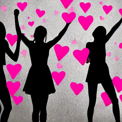 Image similar to silhouette of silly young women at a party having fun and holding balloons with pink hearts in the air