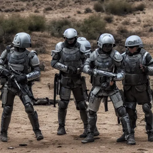 Image similar to Mercenaries wearing grey body armor and FAST-MT combat helmets fighting a bloody battle, photo by Adam Ferguson, Pulitzer Winning, cinematic composition, breathtaking, modern, 8k, taken in 2022