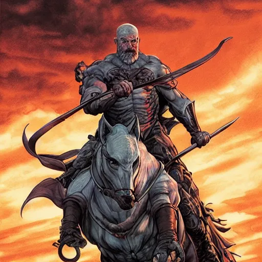 Image similar to chonky bald grey bearded ethan van sciver riding a dark horse into battle, full view, beautiful zoomed out artwork by artgerm and rutkowski, breathtaking, beautifully lit, dramatic, full view