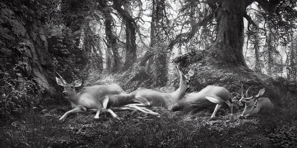 Image similar to deer getting overgrown by roots, edelweiss growing on his fur, forest, dolomites, alpine, detailed intricate insanely detailed octane render, 8k artistic 1920s photography, photorealistic, black and white, chiaroscuro, hd, by David Cronenberg, Raphael, Caravaggio