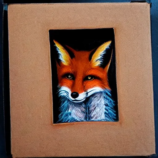 Image similar to a fox hiding inside a box, painting