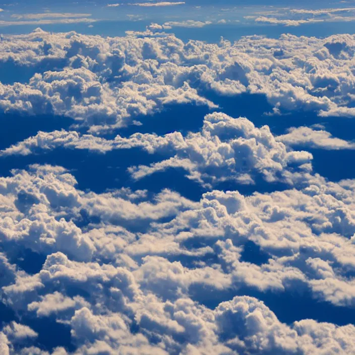 Image similar to Endless clouds towering high, seen from a plane, no ground visible, very detailed, 8k resolution, pale yellow hue