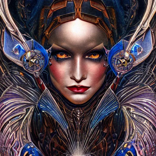 Prompt: beautiful closeup portrait of an art deco witch, glowing eyes. reflective detailed textures, moth wings, highly detailed dark fantasy science fiction painting by michael whelan and diego rivera and annie swynnerton and jean delville, elaborate geometric ornament, ancient runes, silver and cool colors. artstation