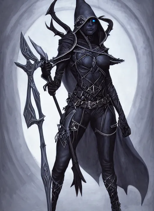 Prompt: a female drow elf, dark grey skin, serious face, with hand crossbow, wearing a witch hat, hunter, slick leather armor, style by donato giancola, wayne reynolds, jeff easley dramatic light, high detail, cinematic lighting, artstation, dungeons and dragons