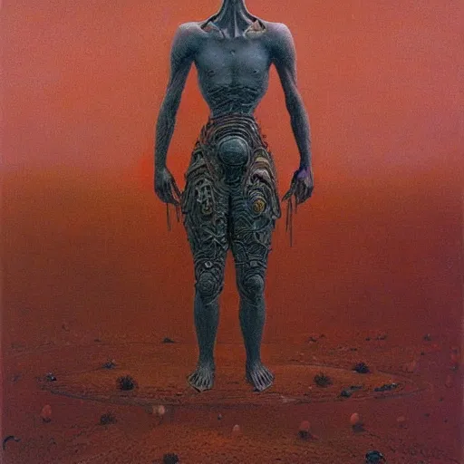 Prompt: final boss. wearing intricate breastplate. full body dynamic pose. by Zdzisław Beksiński