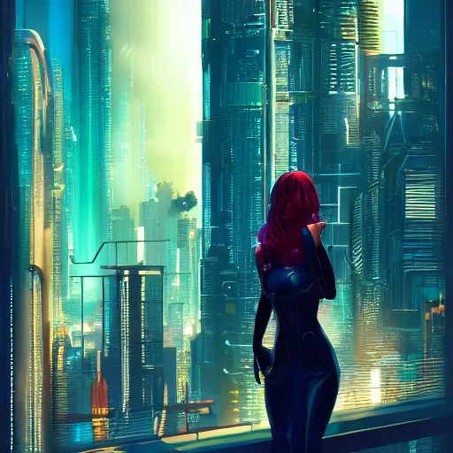 Prompt: cyberpunk beautiful woman overlooking a cityscape, masterpiece illustration, grandfailure, trending on artstation, daily deviation, cinematic, 8k scan hq