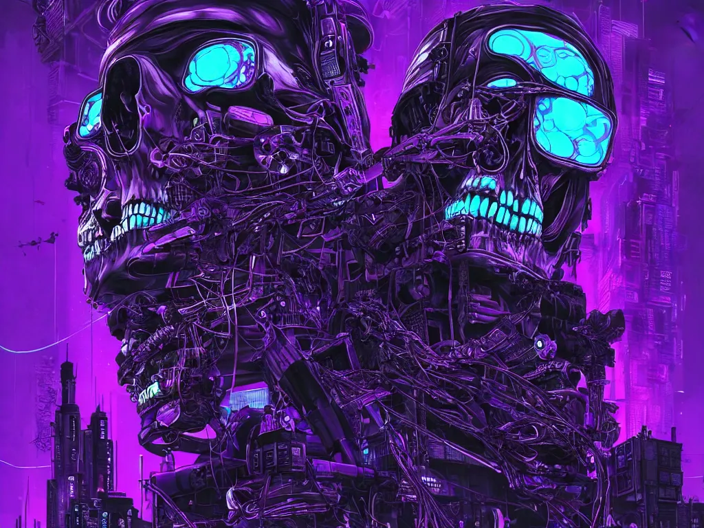 Prompt: high detailed dead android skull in a cyberpunk rainy city at night by Josan Gonzalez, purple and blue neons, unreal engine, high quality, 4K, UHD, trending on ArtStation, wires, blade runner vibes, ghost in the shell, akira, dorohedoro