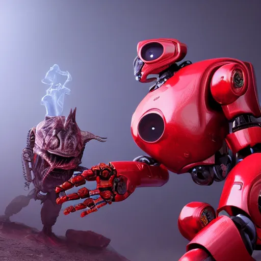 Image similar to apocalyptic, a very strong robot with red enerygies shaking the hand with an mighty alien creature with 5 eyes. smoke. volumetric lighting, sharp focus, ultra detailed, cgsociety - w 1 0 2 4 - n 8 - i