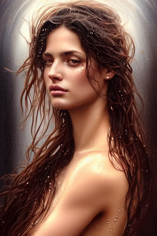 Prompt: portrait of beautiful greek goddess, looking straight up in pouring rain, soaking wet hair, by terry o'neill intricate, elegant, highly detailed, digital painting, glistening skin, artstation, concept art, smooth, sharp focus, bright lighting, illustration, art by artgerm and greg rutkowski and alphonse mucha, 8 k