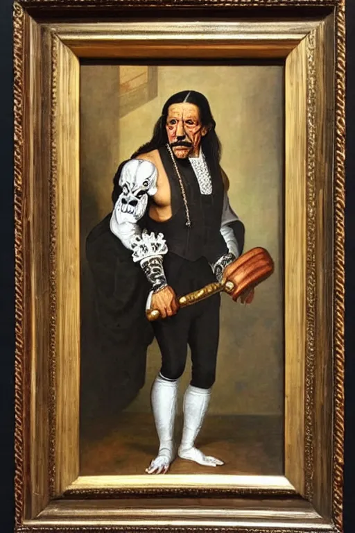 Image similar to a 1 6 0 0 s framed portrait painting of danny trejo holding a skull, intricate, elegant, highly detailed