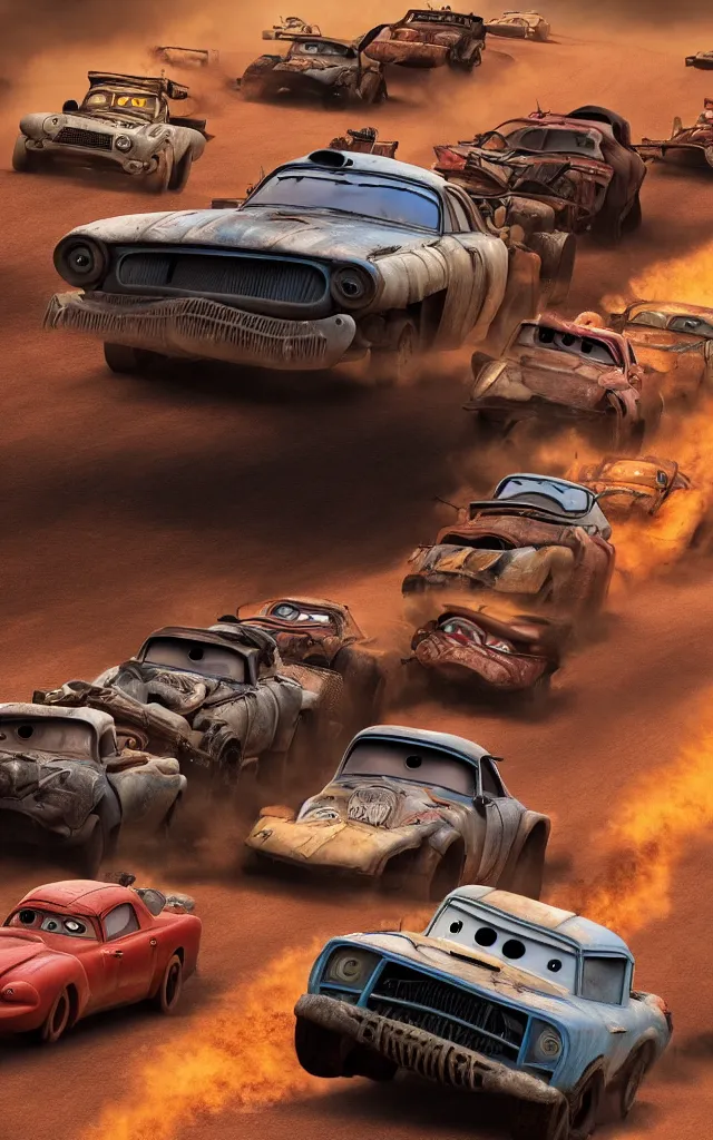 Image similar to pixar cars racing fast in the world of mad max fury road. 4 k ultra detailed