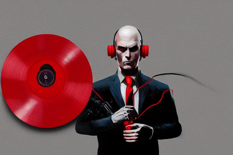 Image similar to a portrait of agent 4 7 from hitman wearing headphones and putting a vinyl record onto a turntable, dark background, red rim light, digital art, artstation, concept art by giger stalenhag