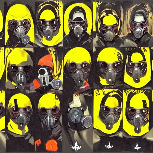 Image similar to detailed details photorealistic saints gang photo group, theyre using gas mask, other using saints mask, theyre wear yellow and red hoodie, theyre leader regularly uses red in the style of bob peak and alex ross, gouache and wash paints color, detailed details facial and body and human and environments and proportionate, detailed 5 k details.