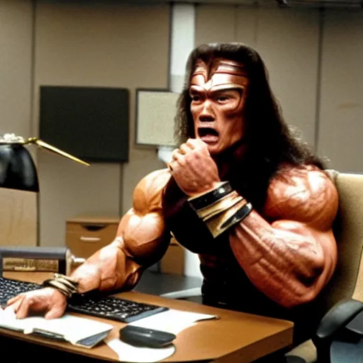 Image similar to actor arnold schwarzenegger as conan the barbarian sitting at a desk, as an office worker, in an office, inside an office building, sitting at a desk, angrily shouting at a laptop, angry at laptop, laptop computer, computer trouble, technical difficulties, software error, crisp lighting, corporate photography