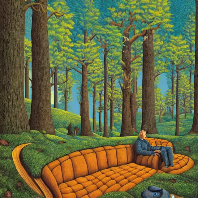 Prompt: a couch in the forest by rob gonsalves