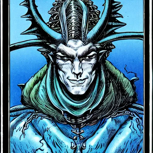 Prompt: head and shoulders portrait of a medieval d & d fantasy anthropomorphic blue dragon - headed sorcerer, comic book cover art by hr giger and frank miller