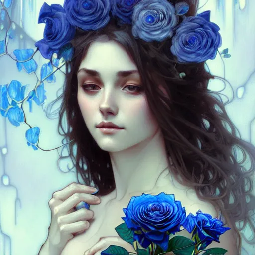 Prompt: A young woman holding two blue roses behind a waterfall, face, fantasy, intricate, elegant, highly detailed, digital painting, artstation, concept art, smooth, sharp focus, illustration, art by Krenz Cushart and Artem Demura and alphonse mucha