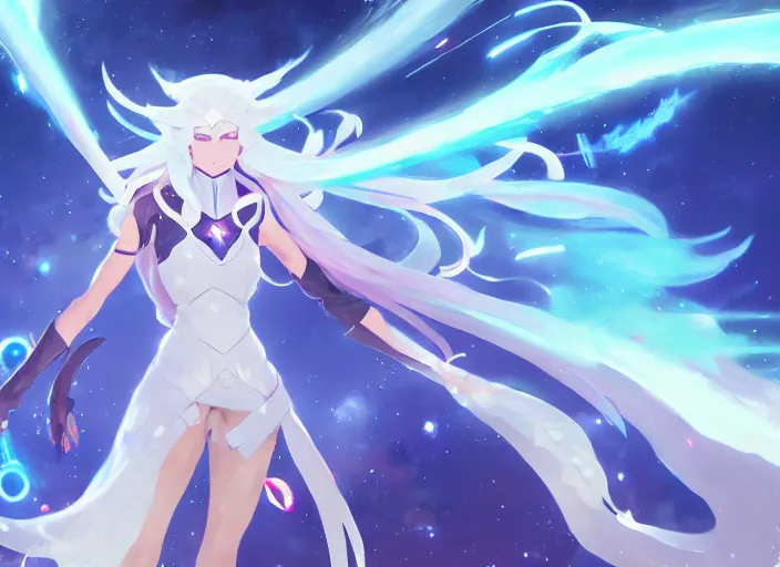 Image similar to a female space mage with long white hair, star guardian inspired, perfect art, trending on pixiv, painted by greg rutkowski makoto shinkai takashi takeuchi, akihiko yoshida