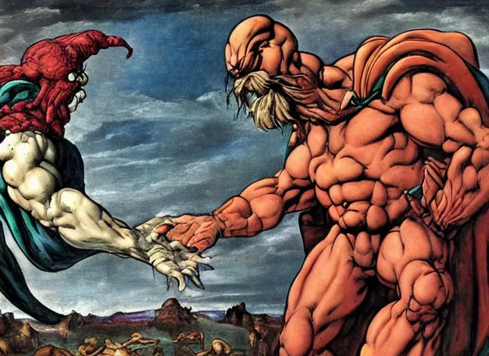 Image similar to Michaelangelo's masterpiece The Creation of Adam, repainted and reimagined by Todd McFarlane, in the style of Spawn and the Maxx