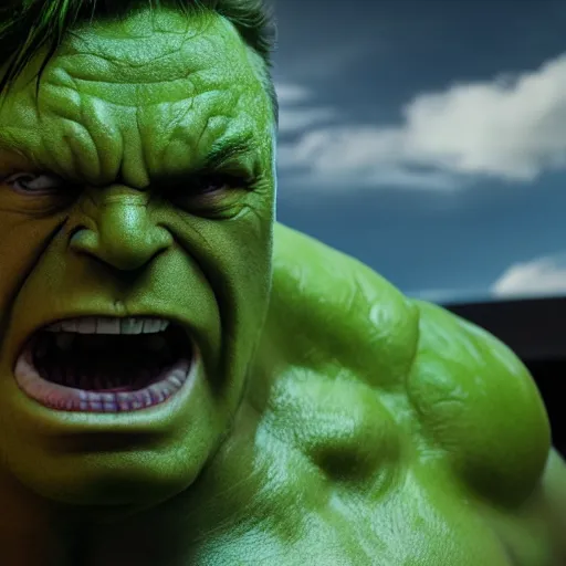 Prompt: limmy brian limond as the incredible hulk, realistic, wide shot, sunny lighting, octane render, hyper realistic, high quality, highly detailed, hd, beautiful, cinematic, 8 k, unreal engine, facial accuracy,