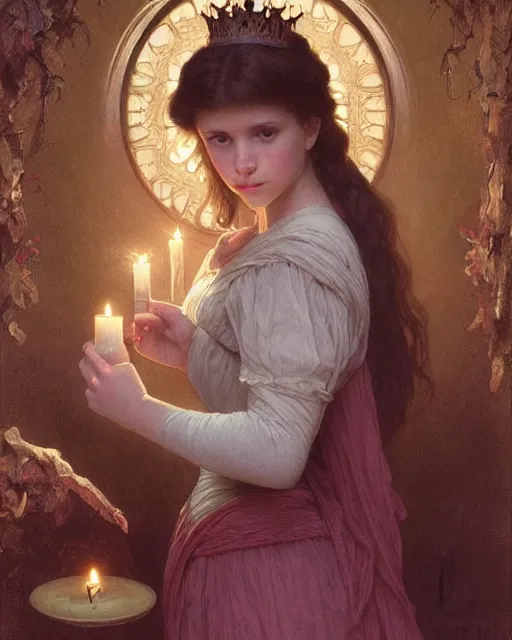 Prompt: a shadowy portrait painting of a shy, blushing 1 6 - year old alicia vikander or millie bobby brown as a princess lit only by candlelight in the darkness, intricate, elegant, highly detailed, artstation, concept art, by krenz cushart and donato giancola and william adolph bouguereau and alphonse mucha