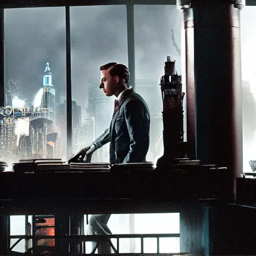 Image similar to a highly detailed cinematic photo from a live - action bioshock movie. andrew ryan, portrayed by ryan gosling, is shown standing in a 1 9 3 0's office with a large desk in front of a floor - to - ceiling window looking out onto the underwater city of rapture shining in the distance, several fish are shown outside of the window