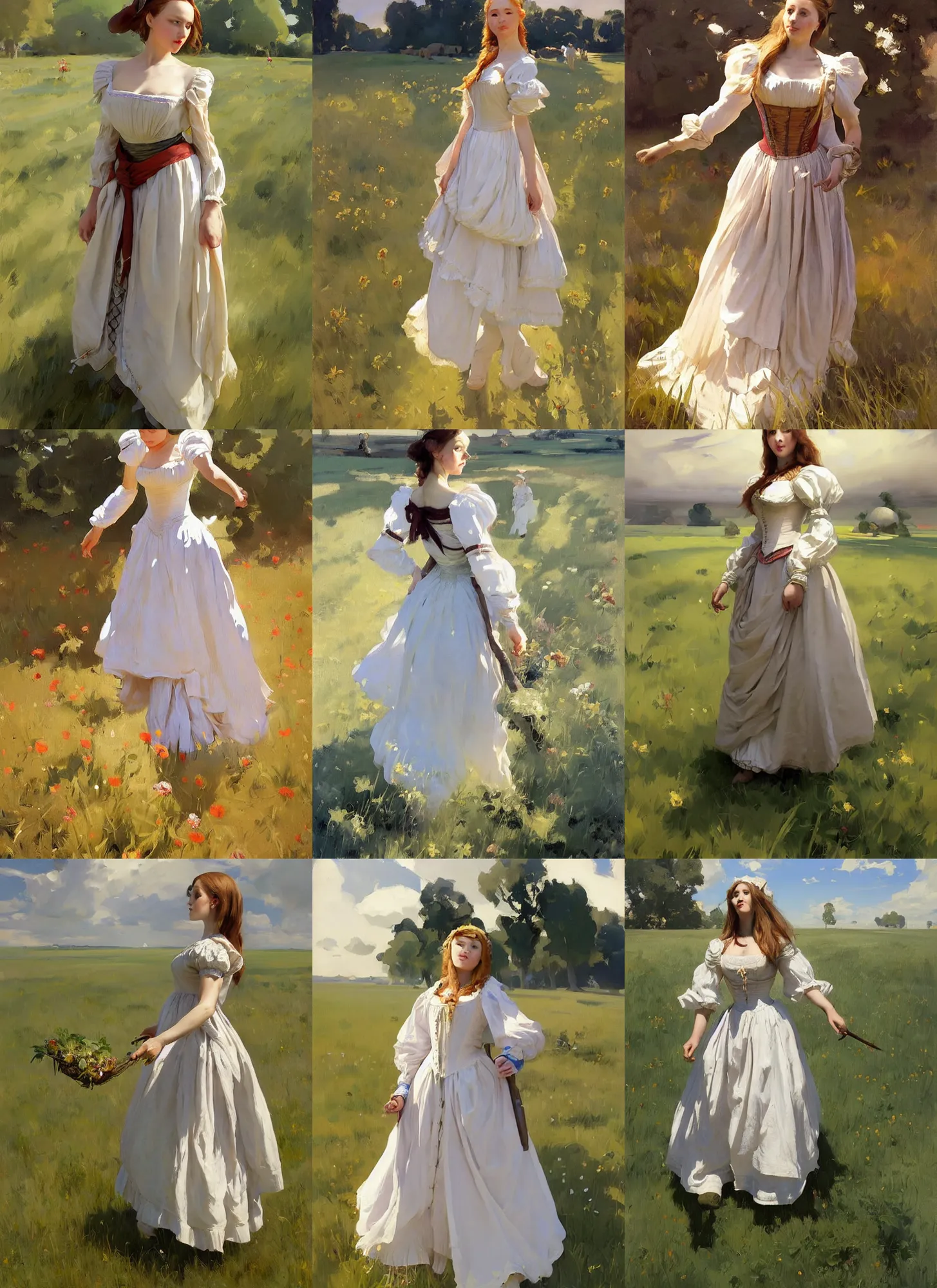 Prompt: attractive belarusian ukrainian polish village maiden wearing 1 7 th century bodice walking in the field in a sunny day, jodhpurs greg manchess painting by sargent and leyendecker, studio ghibli, fantasy, medium shot, asymmetrical, intricate, elegant, matte painting, illustration, hearthstone, by greg rutkowski, by greg tocchini, by james gilleard