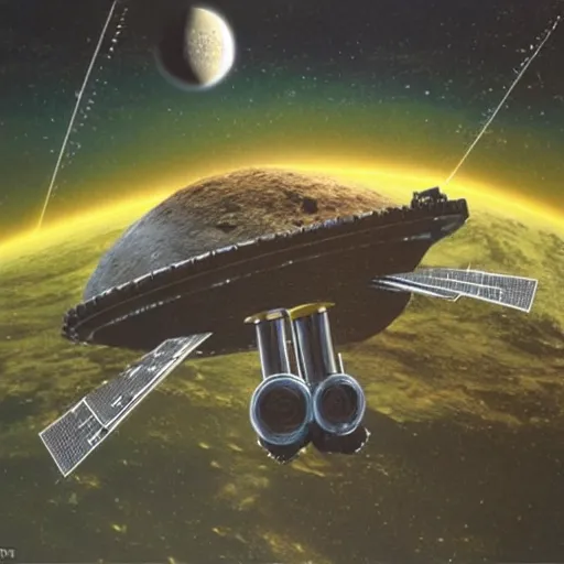 Prompt: an in-orbit space metals excavator, mining ore from asteroids in the rings of a planet with rings, 1970s concept art