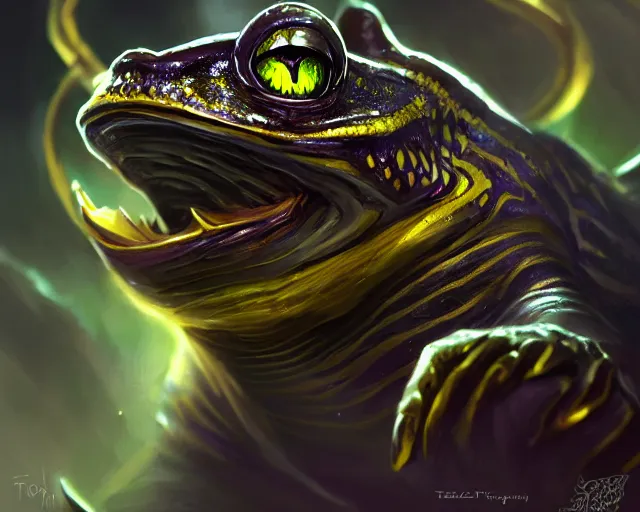 Prompt: black frog with deep big yellow eyes, deep focus, d & d, fantasy, intricate, elegant, highly detailed, digital painting, artstation, concept art, matte, sharp focus, illustration, hearthstone, art by tiger tiger tiger