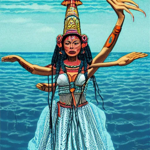 Image similar to mayan priestess floating over an ocean, sharp focus, moebius, print, cinematic, surreal