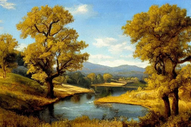 Image similar to masterpiece painting of oak trees on a hillside overlooking a creek, by arthur frank mathews