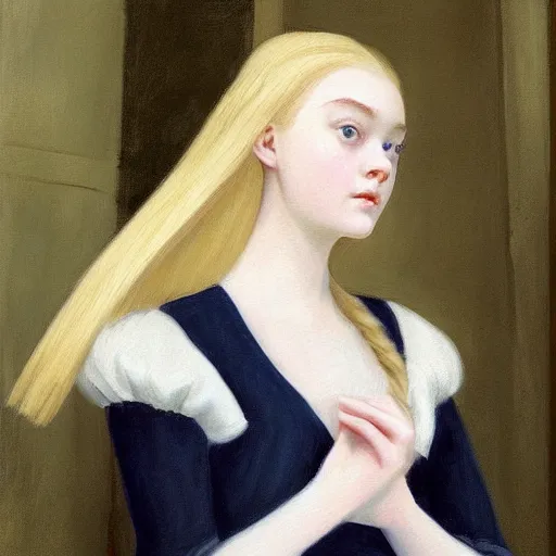 Prompt: Painting of Elle Fanning in medieval France, long blonde hair, delicate, pale milky white porcelain skin, by Edward Hopper. 8K. Extremely detailed.