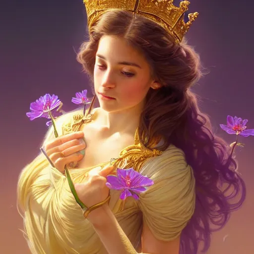 Prompt: portrait of a young princess, attractive, upper body, crown of gold and purple flowers, D&D, fantasy, intricate, cinematic lighting, highly detailed, digital painting, artstation, concept art, smooth, sharp focus, illustration, art by Artgerm and Greg Rutkowski and Alphonse Mucha