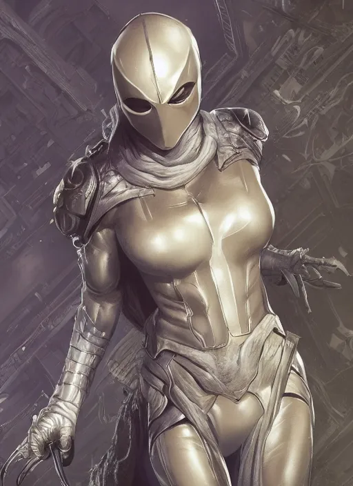 Image similar to female moon knight, hyper detailed, digital art, trending in artstation, cinematic lighting, studio quality, smooth render, unreal engine 5 rendered, octane rendered, art style by klimt and nixeu and ian sprigger and wlop and krenz cushart