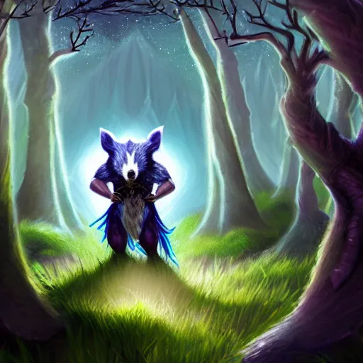 Prompt: Fairy Badger magus, Tzeentch, portrait, druid, nature, fairy, forest background, magic the gathering artwork, D&D, fantasy, cinematic lighting, centered, symmetrical, highly detailed, digital painting, artstation, concept art, smooth, sharp focus, illustration, volumetric lighting, epic Composition, 8k, art by Akihiko Yoshida and Greg Rutkowski and Craig Mullins, oil painting, cgsociety