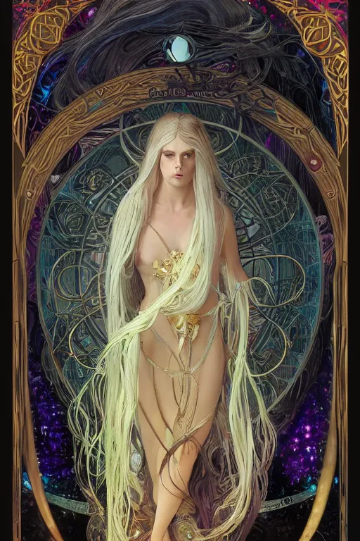 Prompt: tarot card, 4k HD digital full body portrait of beautiful regal elven king, long white hair, black paper, vivid colors, wheel of sigils in the background, by Alphonse Mucha, Craig Mullins, Marc Simonetti, Artstation