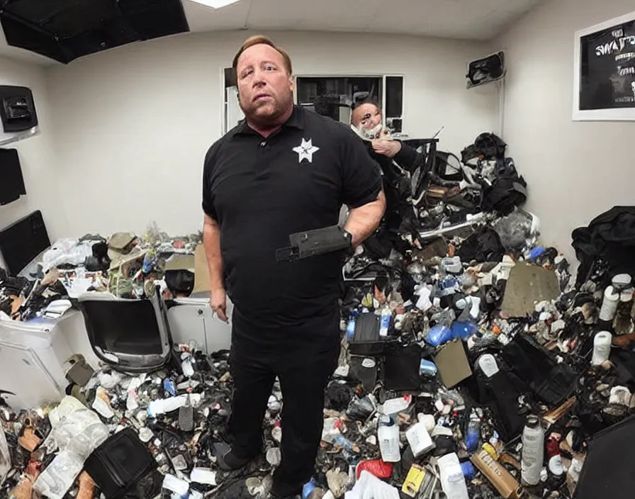 Image similar to SWAT Police group raiding Alex Jones in his INFOWARS studio surrounded by trash and herbal supplements and rubbish and broken camera TV equipment, Alex Jones is very angry, smoke and gas, dramatic press photo