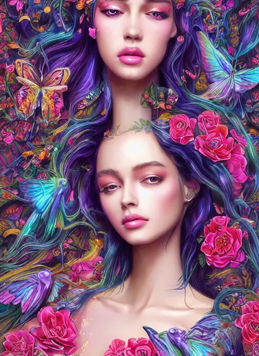 Prompt: beautiful young woman, extremely detailed gorgeous face, sad eyes, tears, sexy body and face, vaporwave aesthetic, synthwave, long luxurious gown, beautiful vibrant birds, butterflies, flowers, colorful, psychedelic, intricate, elegant, highly detailed, digital painting, artstation, concept art, smooth, sharp focus, illustration, art by artgerm and greg rutkowski and alphonse mucha