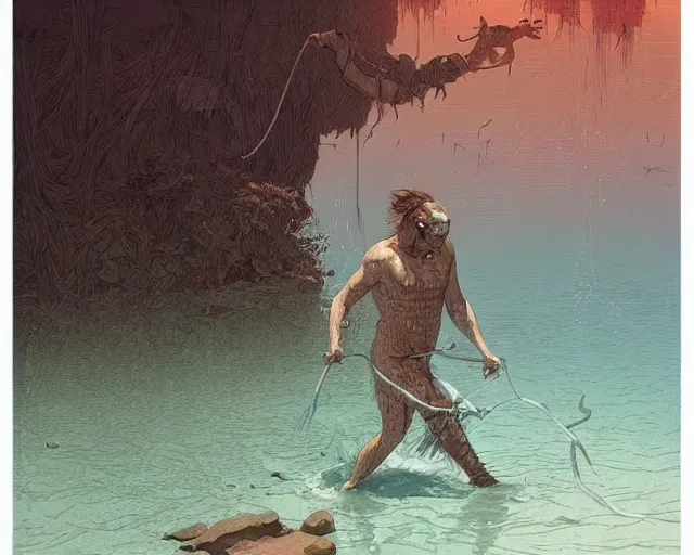 Image similar to a minotaur walking in shallow water, digital art, illustrated by james gurney and victo ngai