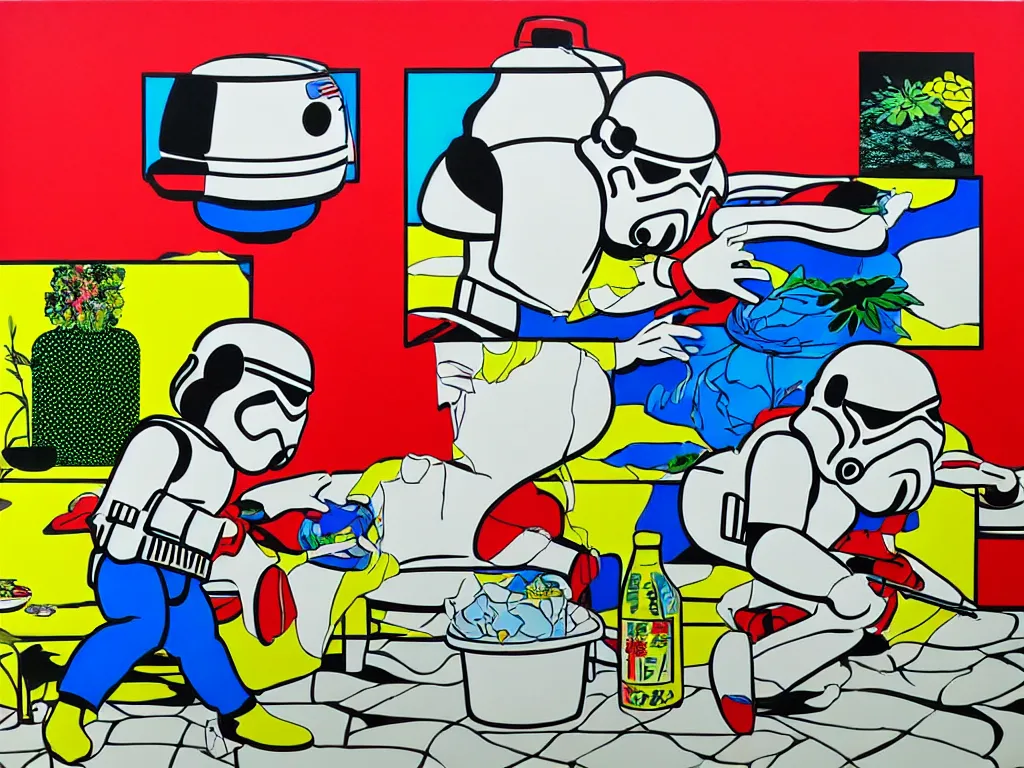 Prompt: hyperrealism composition of the asian home with a garden, stormtrooper in hot springs, pop - art style, jacky tsai style, andy warhol style, roy lichtenstein, acrylic on canvas