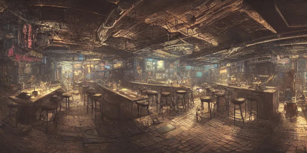 Prompt: Highly detailed realistic photo of interior design in style of Hiromasa Ogura and Josan Gonzalez of detailed cyberpunk tavern with minimalism stone walls and neon lights, a lot of electronics and people, many details. Natural white sunlight from the transperient roof. Panorama on 360 degrees Rendered in VRAY and DaVinci Resolve and MAXWELL and LUMION 3D, Volumetric natural light