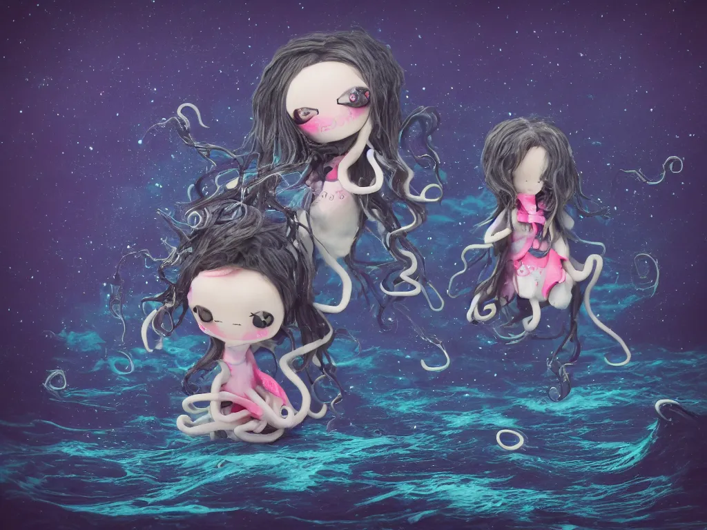 Image similar to cute fumo plush gothic octopus maiden alien girl swimming in the waves of the dark galactic abyss, tattered ragged gothic dress, ocean waves and reflective splashing water, ocean simulation, vignette, vray