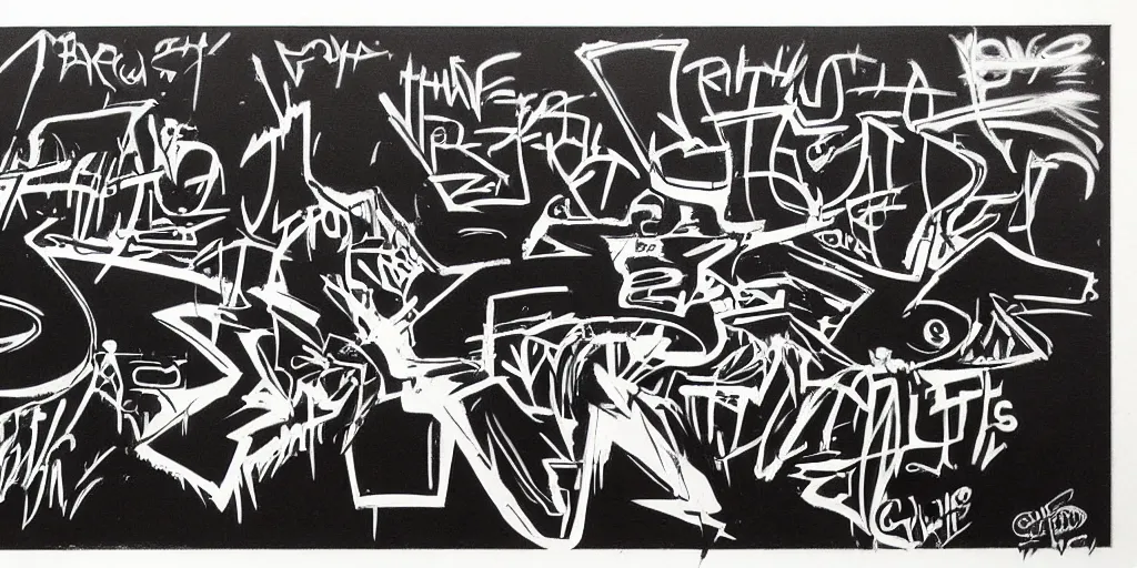 Image similar to gritty early 8 0 s graffiti surrounded by black and on a black background, concept art, trending on artstation,