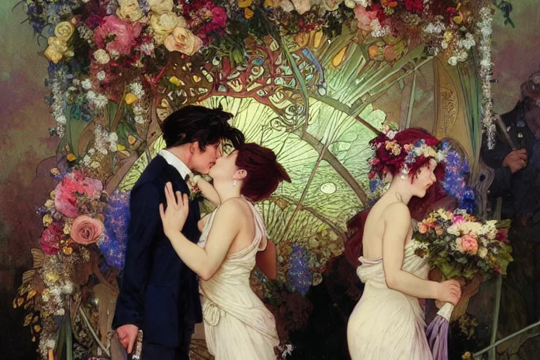 Image similar to the groom kisses the bride at a wedding full of flowers, bright and happy, dreamlike art, highly detail, 4 k realistic, wedding photoy krenz cushart. artem demura. alphonse mucha. yoji shinkawa artgerm. jon lothian. danilo torres. adi meyers. thomas reimann. gaston bussiere.