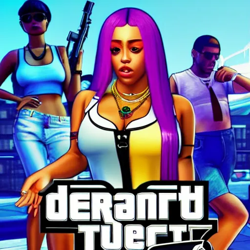 Prompt: doja cat as a grand theft auto 5 character, cover game art